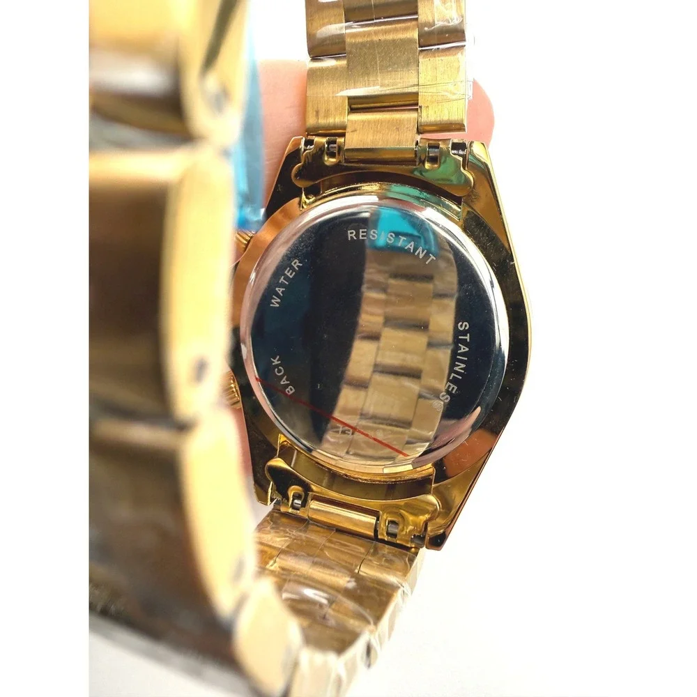 Veadons 1985 Gold Rainbow Crystal Bezel Chronograph Watch Black Dial New